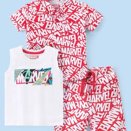 Babyhug Marvel Cotton Knit Half Sleeves All Over Printed Shirt & Shorts Set With Inner Sleeveless Tee - Red & White-picture-21