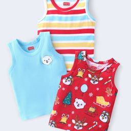 Babyhug 100% Cotton Single Jersey Knit Sleeveless Antibacterial Sandos with Stripes & Animals Print Pack of 3 - Red & Blue-image-33