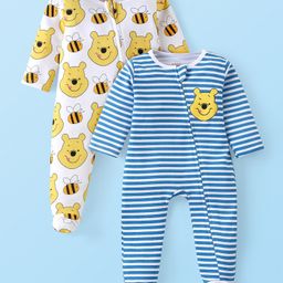 Babyhug Disney Interlock Knit Full Sleeves Sleep Suits with Stripes & Winnie the Pooh Graphics Pack of 2 - Blue & White-picture-37