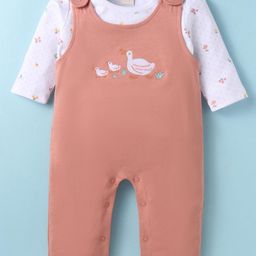 ToffyHouse 100% Cotton Knit Full Sleeves Floral Printed T-Shirt & Embroidered Dungaree Style Romper - Dark Peach & White-image-95