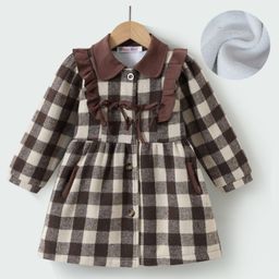 Kookie Kids Full Peasant Sleeves Checkered Winter Jacket with Frill Detailing - Brown-image-92