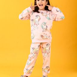Anthrilo Fleece Full Sleeves Unicorn Printed Coordinating Sweatshirt With Joggers Set - Pink-image-42