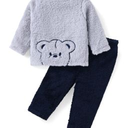Babyhug Fur Woven Full Sleeves Winter Wear Suit With Bear Design - Grey-image-35