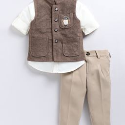 LITTLE COLLARS Full Sleeves Sequins Embellished Owl Designed Three Piece Party Suit Set - Coffee Brown-image-86