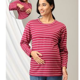The Mom Store Cotton Full Sleeves Striped Maternity Top With Nursing Access - Pink-image-14