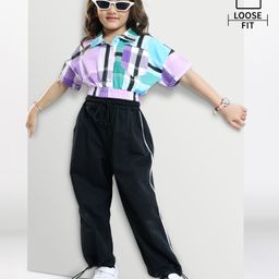 Ollington St. Sinker Knit Half Sleeves Shirt & Culottes with Checks - Black & Purple & Blue-picture-16