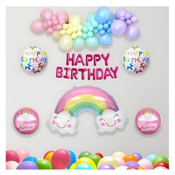 Bubble Trouble Happy Birthday Decoration Combo Including Happy Birthday Rainbow Round Foil Balloons & Pastel Balloons | (Pink Peach Green Purple Yellows & Blue | Pack of 56)-17