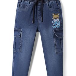 Babyhug Denim Full Length Washed Stretchable Jeans with Cub Embroidery - Navy Blue-image-9