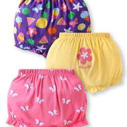 Babyhug 100% Cotton Knit Bloomers with Floral Butterfly & Pineapple Print Pack of 3 - Pink Yellow & Purple-image-100