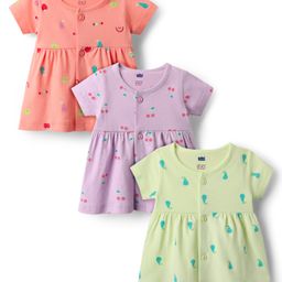 Simply Sinker Knit Half Sleeves Fruit Printed Front Open Frocks Pack of 3 - Peach Lilac & Light Green-image-11