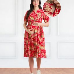 Bella Mama Woven Half Balloon Sleeves Maternity Dress with Floral Print - Red-image-69