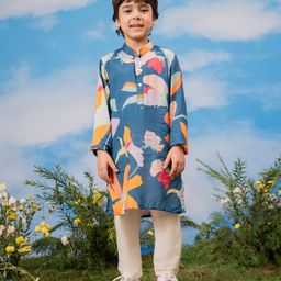 Vastramay Cotton Full Sleeves Floral Printed Kurta Pyjama Set - Blue-image-83