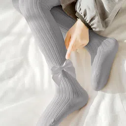 SYGA Cotton Bow Applique Detailed Ribbed Stockings - Grey-picture-1