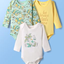 Kookie Kids Interlock Knit Full Sleeves Leaf Printed Onesies Pack of 3 - White Yellow & Green-image-49