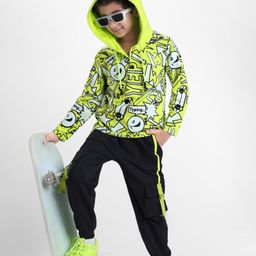 OLLINGTON ST. Cotton Knit Full Sleeves Hoodie T-Shirt & Knit Joggers With Skate Theme Print - Limegreen & Black-image-105