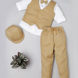 Rikidoos Full Sleeves Striped 3 Piece Party Suit Set With Bow & Cap - Khaki & White-picture-47