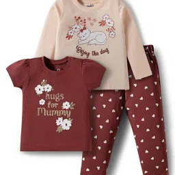 Doodle Poodle 100% Cotton Full Sleeves Tops and Lounge Pant Set With Animal & Heart Print - Light Peach & Brown-picture-5