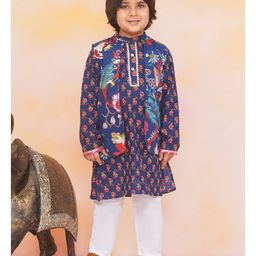 KID1 Cotton Woven Full Sleeves Floral Printed Lace Embellished Kurta Pyjama With Jacket - Navy Blue-image-78