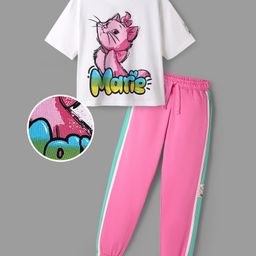 Ollington St. Disney Single Jersey Knit Drop Shoulder Half Sleeves Oversized T-Shirt & Lounge Pant Set with Marie Graphics & Badge Detailing - Pink & White-picture-15