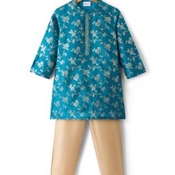 Babyhug Brocade Woven Full Sleeves Kurta Pyjama Set With Foil Floral Print - Teal Blue-picture-27