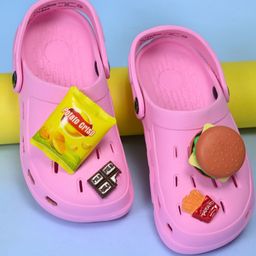 Yellow Bee Solid Perforated Slingback Clogs With Fast Food Charms - Pink-picture-3