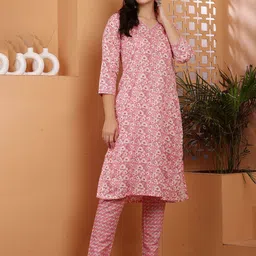 RIG-TIE Floral Printed Three-Quarter Sleeves Pure Cotton Tunic with Trouser-image-86