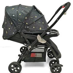 fab n funky Baby Stroller with 5-Point Safety Harness Space Print - Grey| Padded Cushioned Seat| Multi-Level Backrest Recline| Single Hand Fold| Linked Brake| Food Tray with Cup Holder| Reversible Handle image 3