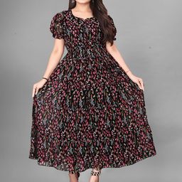 KRISHTI CREATION Floral Print Puff Sleeve Georgette Fit & Flare Maxi Dress-picture-1