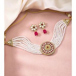 Peora Gold Plated Maroon Kundan & Beads Studded Necklace Drop Earrings Set-12