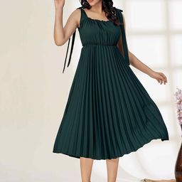 Glomee Women Solid Accordion Pleats Cotton Empire Midi Dress-picture-28