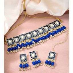 Peora Gold Plated Blue Synthetic Stone Choker Necklace Earrings & Maangtikka Set-37