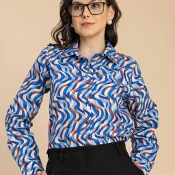 Moomaya Blue & Orange Cotton Printed Shirt-image-34