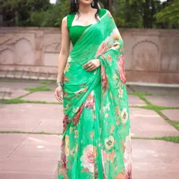 Zari Jaipur Green Chiffon Floral Print Saree With Unstitched Blouse-picture-14