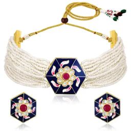 Peora Gold Plated Blue Synthetic Stone & Beads Studded Necklace Earrings Set-image-80