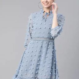 KASSUALLY Blue Self Design A Line Dress-image-5