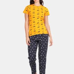 Kryptic Mustard & Navy Cotton Printed T-Shirt With Pyjamas-image-2