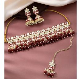 Peora Gold Plated Maroon Kundan & Beads Choker Necklace Earrings & Maangtikka Set-11
