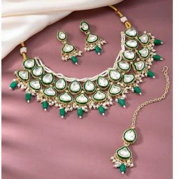Peora Gold Plated Green Synthetic Stone Choker Necklace Earrings & Maangtikka Set-31