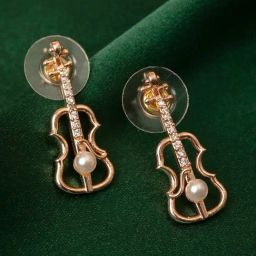 Zaveri Pearls Rose Gold Cubic Zirconia & Pearl Contemporary Guitar Brass Stud Earrings - ZPFK10088-22