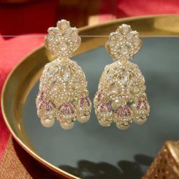 Zaveri Pearls Pink Dazzling Austrian Diamonds Embellished Jhumki Drop Earrings-image-2