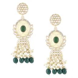 Zaveri Pearls Green Stones & Cluster Beads Enamel Kundan Dangler Earrings-ZPFK14645 image 3