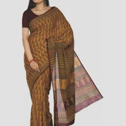 Kalakari India Yellow Cotton Printed Saree With Unstitched Blouse-picture-14