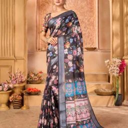 Varanga Black Floral Print Saree With Unstitched Blouse-13