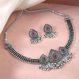 Peora Silver Plated Pink Green Synthetic Stone Oxidized Necklace Earrings Set-12