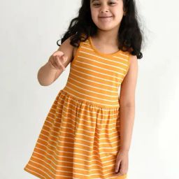 Campana Kids Orange & White Cotton Striped Dress-image-44