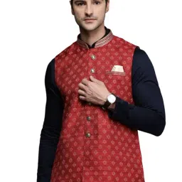 Manyavar Maroon Regular Fit Printed Nehru Jackets-image-54