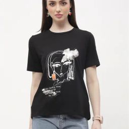 MADAME Black Cotton Printed T-Shirt-picture-13