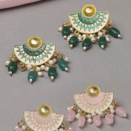 OOMPH Pink & Green Meenakari Enamel Earrings Egyptian Design Indo Western Drop Earrings - Set of 2-10