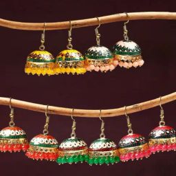 OOMPH Green Red & Yellow Floral Design with Beads Jhumki Earrings - Set of 5-24