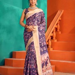 Varanga Purple Floral Print Saree With Unstitched Blouse-image-26